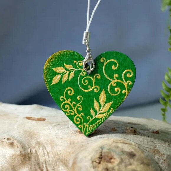 Heart Shaped Mandala Ornament Dot Art: Hand-Painted Acrylic Green Ornament - Picture 2 of 4